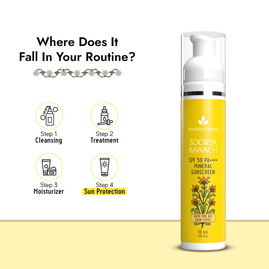 AVIMEE HERBAL Soorya Kawach Spf50 Pa++++ Mineral Sunscreen For All Skin Types| 100% Mineral Sunscreen For Broad Spectrum Uva, Uvb & Blue Light Protection | No White Cast | For Men & Women | 50Ml