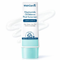 WishCare Niacinamide Oil Balance Fluid Sunscreen SPF 50 PA++++ | In-Vivo Tested | 8Hrs+ SPF Protection | Lightweight, Matte & No White Cast | For All Skin Types | Controls Oil | For Women & Men | 50g