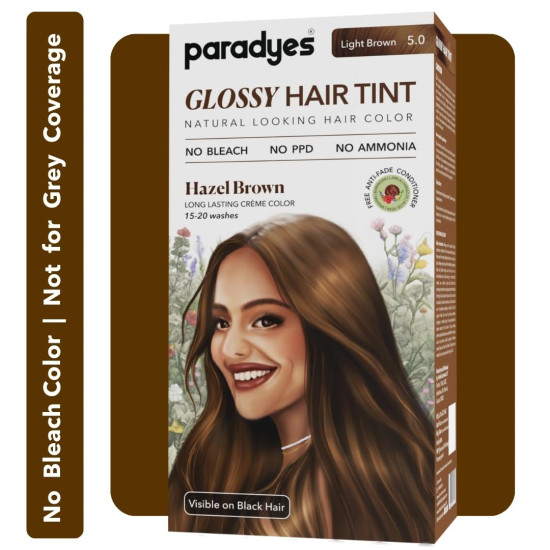 Paradyes No Bleach Hazel Brown Glossy Hair Tint, Ammonia-Free Formula for Natural Black Hair, Visible on Natural Black Hair, Enriched with Herbal Extracts, Includes Anti-Fade Conditioner for Long-Lasting Shine, 5 Light Brown