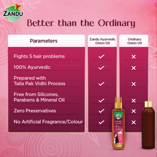 Zandu Ayurvedic Onion Oil (200ml): Power of Onions for Strong & Smooth hair | 9 Herbs & 10 Natural Oils | Helps reduce Hair Thinning & Hair Breakage | Improves Hair Quality | Controls Dandruff