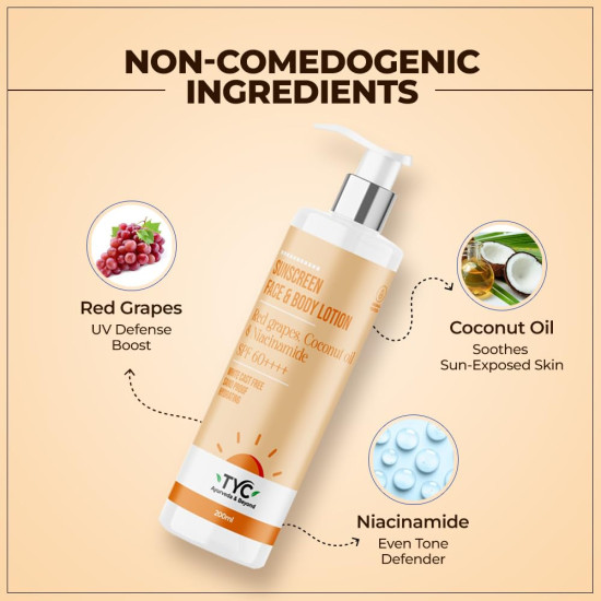 TYC - TRUST YOUR CHOICE Sunscreen Spf 60++++ Face And Body Lotion, With Coconut Oil And Niacinamide, No White Cast And Sand Proof, Hydrating Ayurvedic And Natural, For All Skin Types (200 Ml)