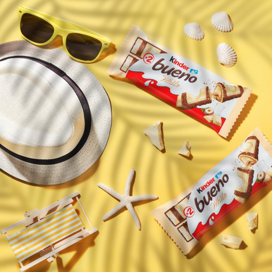 Kinder Bueno White Chocolate With Crunchy Hazelnut Pieces Perfect Balance of sweetness Creamy And Delicious Each 39gm (Pack Of 6)