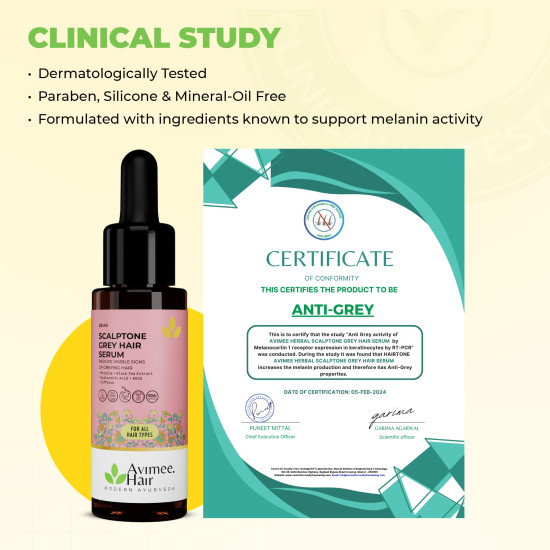 Avimee Herbal Scalptone Grey Hair Serum with Hyaluronic Acid & Caffeine | Toxin Free | Light-weight, Non-sticky & Odourless formula | For All hair types | 25 ml