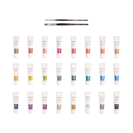 Camel Artist Acrylic Colours 24 Shades, 9ml with 2 Artist Brushes