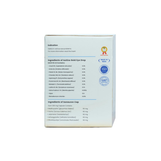 Isotine Gold Pack Eye Drops & ISO Neuron Capsules for Serious Eye Problems with Goodness of 15+ Ayurvedic herbs (10ml x 4 drops, 60 Caps).