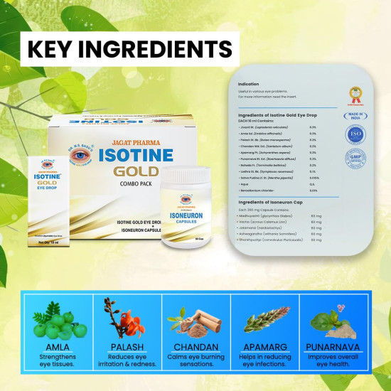 Isotine Gold Pack Eye Drops & ISO Neuron Capsules for Serious Eye Problems with Goodness of 15+ Ayurvedic herbs (10ml x 4 drops, 60 Caps).