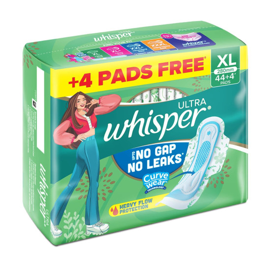 Whisper Ultra Upto No Gap No Leaks Sanitary Pads, 48 XL Pads, For Heavy Flow Protection, With CURVEWEAR™ Technology, Cotton Like Softness, Disposable Wrapper, Locks Odour & Wetness