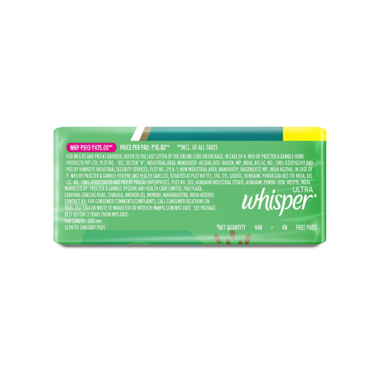 Whisper Ultra Upto No Gap No Leaks Sanitary Pads, 48 XL Pads, For Heavy Flow Protection, With CURVEWEAR™ Technology, Cotton Like Softness, Disposable Wrapper, Locks Odour & Wetness
