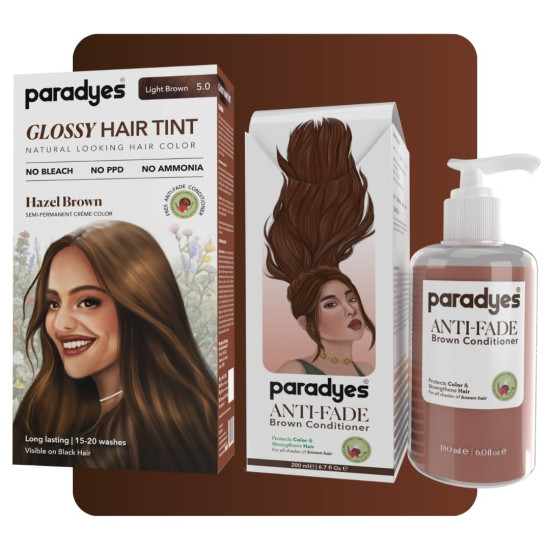 Paradyes No Bleach Hazel Brown Glossy Hair Tint, Ammonia-Free Formula for Natural Black Hair, Anti-Fade Brown Conditioner for Long-Lasting Shine, Enriched with Herbal Extracts, 5 Light Brown