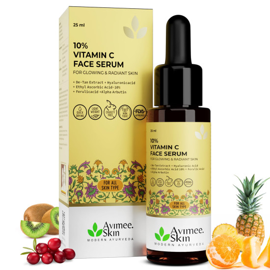 Avimee Herbal 10% Vitamin C Serum for Glowing Skin | Enriched with Hyaluronic Acid | Non Irritating, Safe for Sensitive Skin | Non Sticky | Clinically Proven Formula | For Men and Women| 25 mL Avimee Herbal 10% Vitamin C Serum for Glowing Skin | Enriched with Hyaluronic Acid | Non Irritating, Safe for Sensitive Skin | Non Sticky | Clinically Proven Formula | For Men and Women| 25 mL