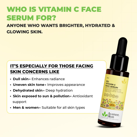Avimee Herbal 10% Vitamin C Serum for Glowing Skin | Enriched with Hyaluronic Acid | Non Irritating, Safe for Sensitive Skin | Non Sticky | Clinically Proven Formula | For Men and Women| 25 mL Avimee Herbal 10% Vitamin C Serum for Glowing Skin | Enriched with Hyaluronic Acid | Non Irritating, Safe for Sensitive Skin | Non Sticky | Clinically Proven Formula | For Men and Women| 25 mL