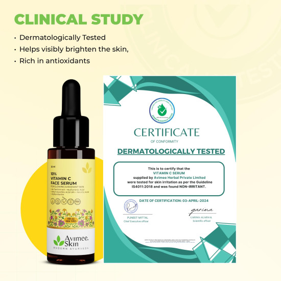 Avimee Herbal 10% Vitamin C Serum for Glowing Skin | Enriched with Hyaluronic Acid | Non Irritating, Safe for Sensitive Skin | Non Sticky | Clinically Proven Formula | For Men and Women| 25 mL Avimee Herbal 10% Vitamin C Serum for Glowing Skin | Enriched with Hyaluronic Acid | Non Irritating, Safe for Sensitive Skin | Non Sticky | Clinically Proven Formula | For Men and Women| 25 mL