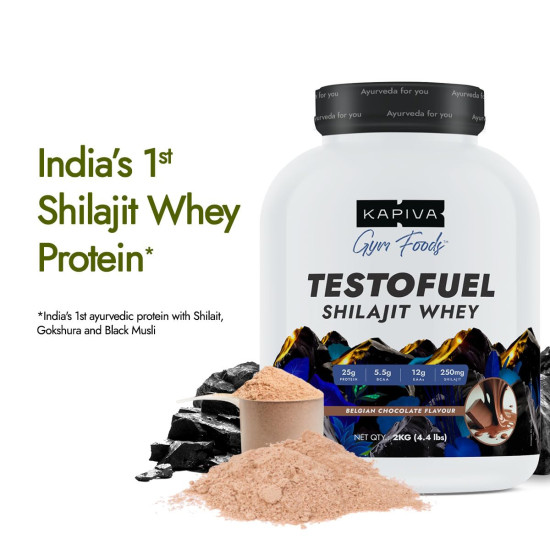 Kapiva Testofuel Shilajit Whey Protein | 25g Protein | 250mg Shilajit | 5.5g BCAA | Belgian Chocolate | Faster Absorption | Digezyme blend | WADA Compliant | 2 Kg