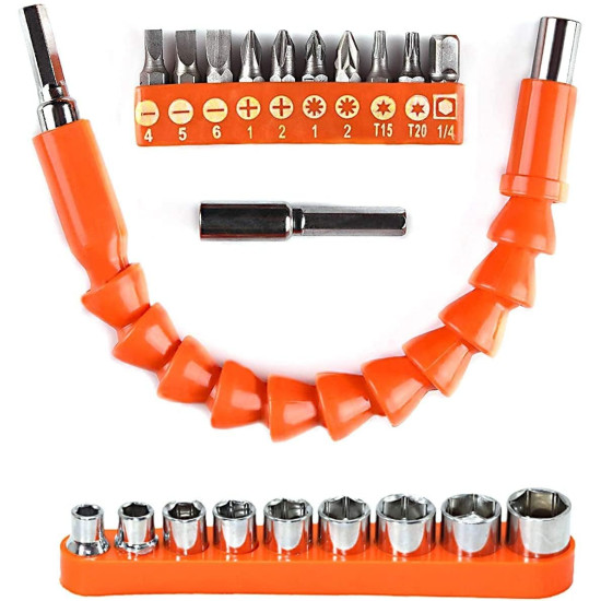 Spartan FET-02 Flexible Shaft Bit Set | Flexible Soft Shaft Extension Screwdriver 10 Screw bits & 9 Sockets Nut,1 Hex Key | Power Repair DIY Tools for Garage, Household Purpose (Pack of 1, Orange)