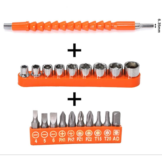 Spartan FET-02 Flexible Shaft Bit Set | Flexible Soft Shaft Extension Screwdriver 10 Screw bits & 9 Sockets Nut,1 Hex Key | Power Repair DIY Tools for Garage, Household Purpose (Pack of 1, Orange)