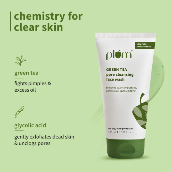 Plum Green Tea Pore Cleansing Face Wash for Oily, Acne Prone, Dry & Combination Skin | with Glycolic Acid | Fight Pimples & Control Excess Oil | Gentle Exfoliating & Non-Drying | Women & Men | 150ml