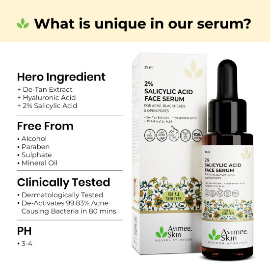 Avimee Herbal 2% Salicylic Acid Face Serum For Acne, Blackheads & Open Pores | Reduces Excess Oil & Bumpy Texture | For Acne Prone or Oily Skin | 25 mL