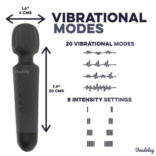 Vandelay Rechargeable Body Massager for Pain Relief – 20 Vibration Modes & 8 Speed Levels – Waterproof & Portable Design – Long-Lasting Battery – Cool Black