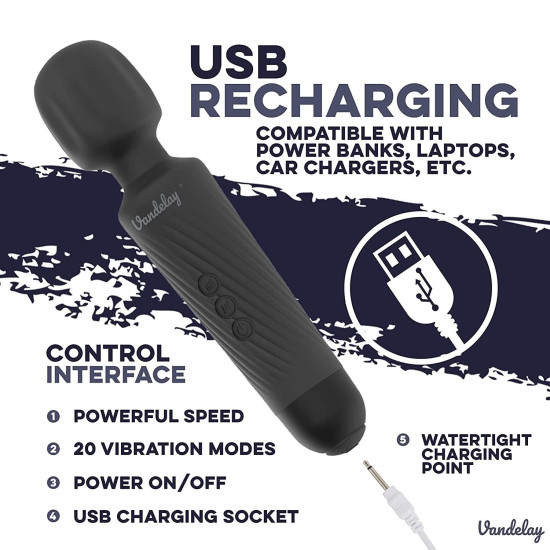 Vandelay Rechargeable Body Massager for Pain Relief – 20 Vibration Modes & 8 Speed Levels – Waterproof & Portable Design – Long-Lasting Battery – Cool Black
