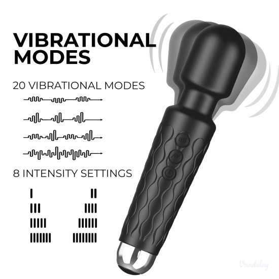 Vandelay Rechargeable Body Massager for Pain Relief – 20 Vibration Modes & 8 Speed Levels – Waterproof & Portable Design – Long-Lasting Battery – Cool Black