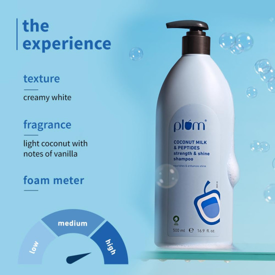 Plum Coconut Milk & Peptides Shampoo for Dry & Frizzy Hair | Provides 22X Shiny & Softer | Paraben-Free | Hair Shampoo for Women & Men | for Straight, Wavy & Rough Hair | pH Balanced | 500ml