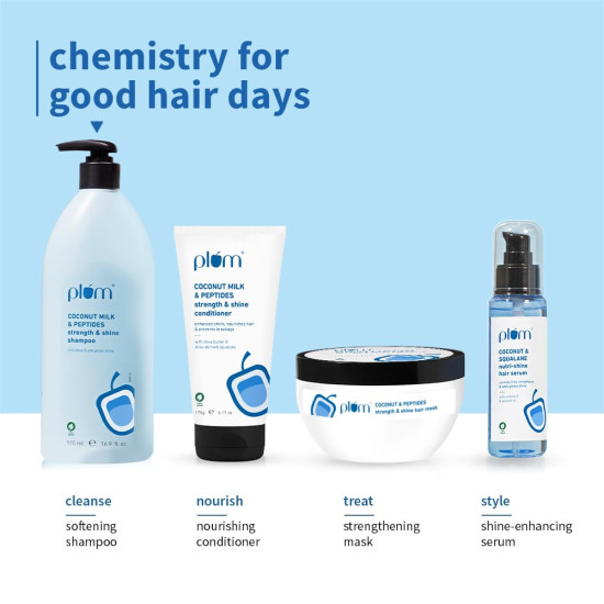 Plum Coconut Milk & Peptides Shampoo for Dry & Frizzy Hair | Provides 22X Shiny & Softer | Paraben-Free | Hair Shampoo for Women & Men | for Straight, Wavy & Rough Hair | pH Balanced | 500ml