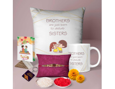NH10 DESIGNS Rakshabandhan Gift Set for Sister & Brother Printed Coffee Mug, Cushion, Keychain, Roli Chawal, Rakhi and Greeting Card Combo Set Raksha Bandhan best gift For Brother & Sister (Pack of 6)