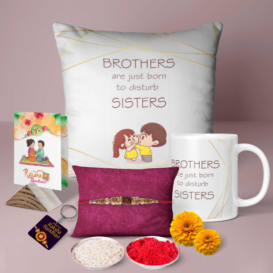 NH10 DESIGNS Rakshabandhan Gift Set for Sister & Brother Printed Coffee Mug, Cushion, Keychain, Roli Chawal, Rakhi and Greeting Card Combo Set Raksha Bandhan best gift For Brother & Sister (Pack of 6)