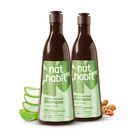 Nat Habit Aloe Peanut Navdha Shampoo|Aloe Vera & Natural Protein Shampoo for Hair Softness & Moisture |Soy Fermented Herbal Daily Cleanser for Women & Men | Amla Reetha Shikakai for Dry Hair|Pack of 2 X 250ml