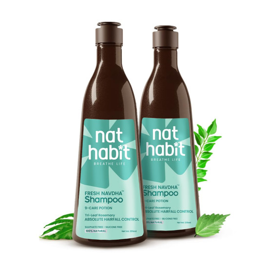Nat Habit Navdha Rosemary Shampoo For Hair Fall Control| Sulphate & Paraben Free | Soy Fermented Gentle Cleanser|Natural Herbal Shampoo for Women & Men | Amla Reetha Shikakai | Chemical-Free| Pack of 2 X 250ml