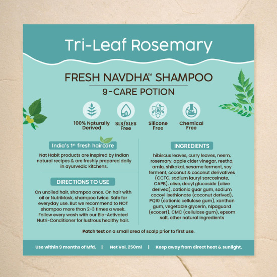 Nat Habit Navdha Rosemary Shampoo For Hair Fall Control| Sulphate & Paraben Free | Soy Fermented Gentle Cleanser|Natural Herbal Shampoo for Women & Men | Amla Reetha Shikakai | Chemical-Free| Pack of 2 X 250ml