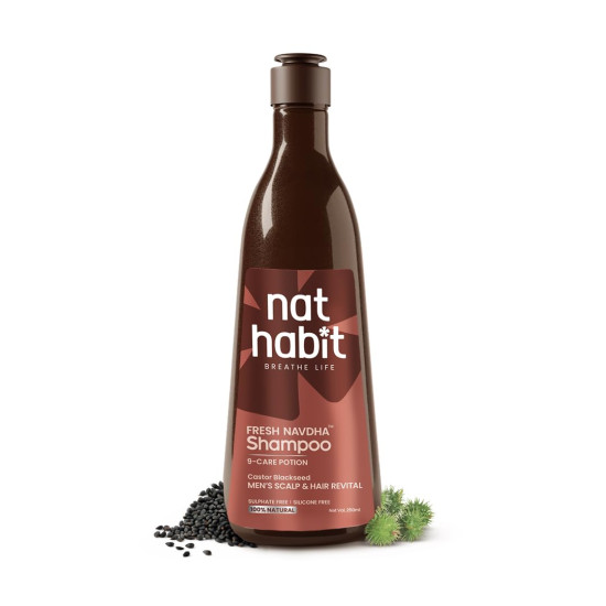 Nat Habit Castor Blackseed Navdha Shampoo for Men| Men's Hair Revital| Natural Hair Shampoo | Anti Hair Fall, Hair Growth & Anti-Dandruff | Sulphate-Free Amla Reetha Shikakai Cleanser| 250ml