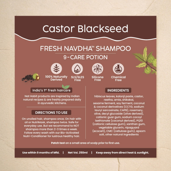 Nat Habit Castor Blackseed Navdha Shampoo for Men| Men's Hair Revital| Natural Hair Shampoo | Anti Hair Fall, Hair Growth & Anti-Dandruff | Sulphate-Free Amla Reetha Shikakai Cleanser| 250ml