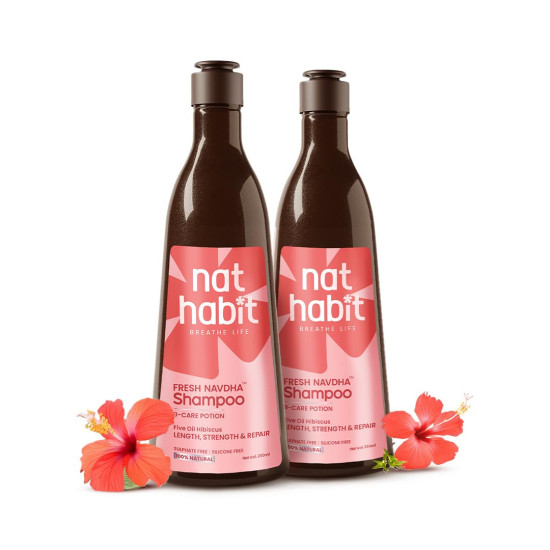 Nat Habit Hibiscus Navdha Shampoo for Hair Growth, Fermented Soy Gentle Cleanser for Long Thick Hair | Natural Shampoo for Oily Scalp & Dry Frizzy Hair with Amla For Women & Men, Sulfate Free| 2 X 250ml