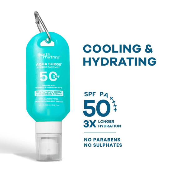 Earth Rhythm Cooling Aqua Surge SPF 50 Sunscreen Spray – Hydrates, Minimises Pores, Oxybenzone - Free