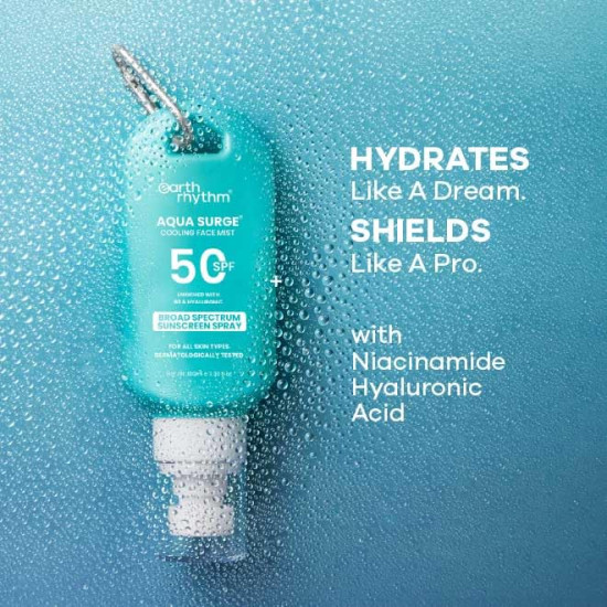 Earth Rhythm Cooling Aqua Surge SPF 50 Sunscreen Spray – Hydrates, Minimises Pores, Oxybenzone - Free