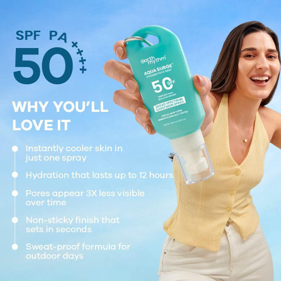 Earth Rhythm Cooling Aqua Surge SPF 50 Sunscreen Spray – Hydrates, Minimises Pores, Oxybenzone - Free