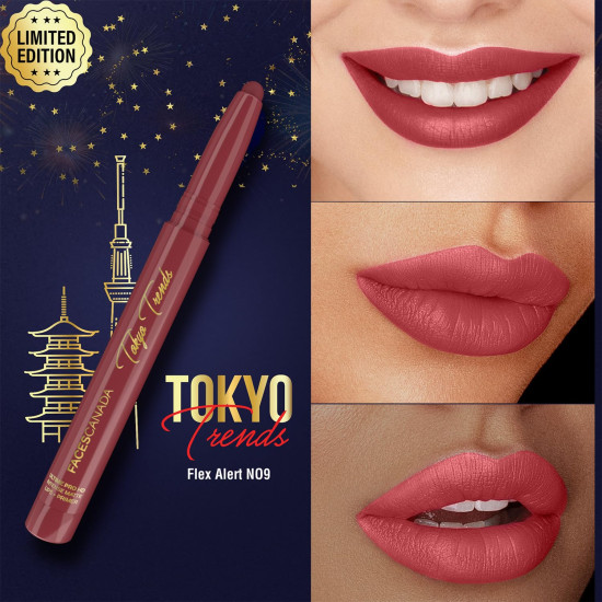 FACESCANADA Ultime Pro HD Intense Matte Lips + Primer - Tokyo Flex Alert N09, 1.4g, Limited Edition | 9HR Long Stay | Primer Infused For Flawless HD Matte Finish | Intense Color | Lightweight