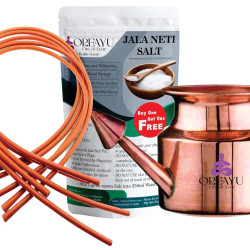 OREAYU ™ Copper Neti Yoga and Ayurveda Jala Neti Pot for Sinus with No. 4 Rubber Neti Sutra Nose Irrigation and Cleaning (5 Rubber neti sutra no 4, 200g neti salt and 250ml copper neti)