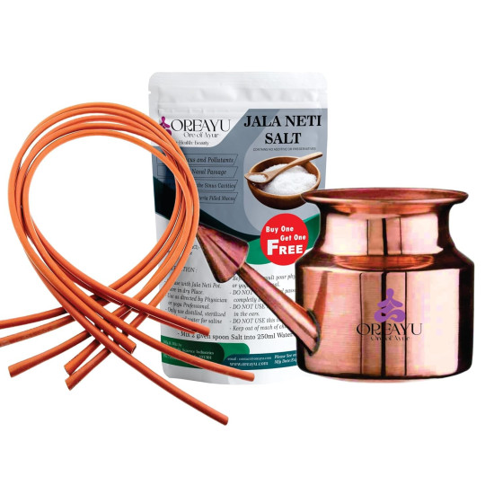 OREAYU ™ Copper Neti Yoga and Ayurveda Jala Neti Pot for Sinus with No. 4 Rubber Neti Sutra Nose Irrigation and Cleaning (5 Rubber neti sutra no 4, 200g neti salt and 250ml copper neti)
