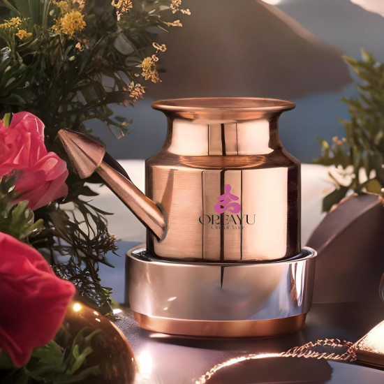 OREAYU ™ Copper Neti Yoga and Ayurveda Jala Neti Pot for Sinus with No. 4 Rubber Neti Sutra Nose Irrigation and Cleaning (5 Rubber neti sutra no 4, 200g neti salt and 250ml copper neti)