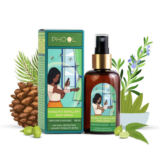 Phool mosquito repellent for baby - Mosquito Body Spray (100 ml) | 0%-DEET | Safe for Baby and Mother | No Stain on clothes-Protective Shield Against Mosquitos for upto 6 hours | Non greasy & Gentle on skin, tough on Mosquitos