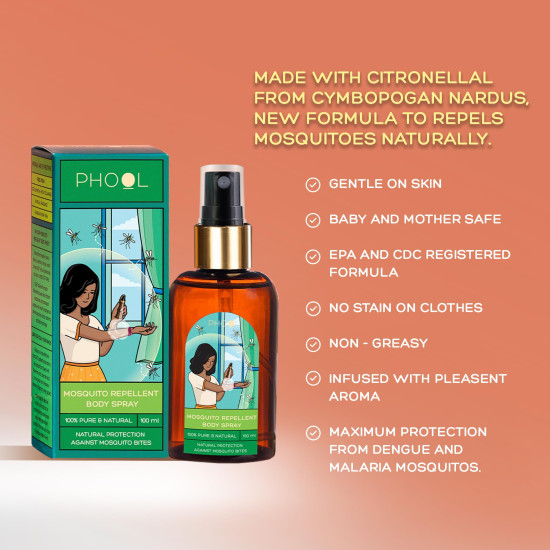 Phool mosquito repellent for baby - Mosquito Body Spray (100 ml) | 0%-DEET | Safe for Baby and Mother | No Stain on clothes-Protective Shield Against Mosquitos for upto 6 hours | Non greasy & Gentle on skin, tough on Mosquitos
