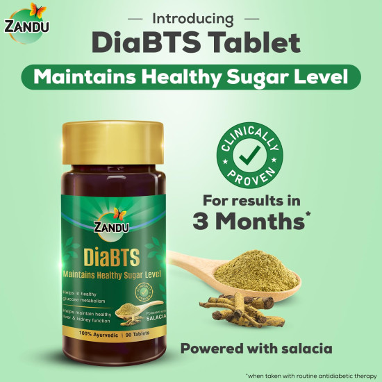 Zandu DiaBTS Tablets|Clinically Proven for results in 3 months| Safe, Natural & 100% Ayurvedic | Helps maintain Healthy Glucose Metabolism |Salacia for Healthy Sugar Management | 90 Tablets