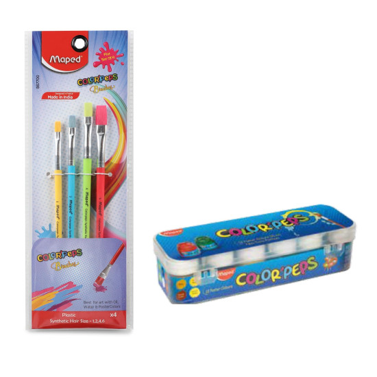 MAPED Painting Kit -12 Shades of Poster Colour with 4 Plastic handle Brushes-Flat|Soft & Smooth textured Poster colours|Vibrant & Rich shades makes painting realistic|Soft Movement Bristles|Non-Toxic