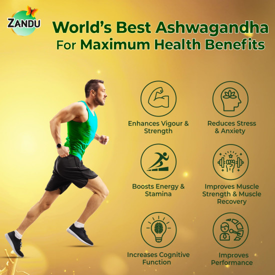 Zandu Ashwagandha KSM-66 (600 mg high dose formula) Tablets | Clinically Proven for 72% Decrease in stress and anxiety levels I Boosts Energy & Strength | 60 tablets I 100% Pure Root Extract