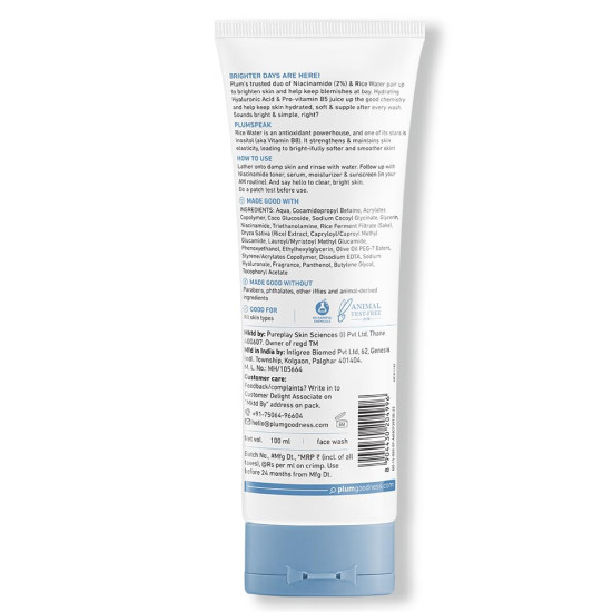 Plum Rice Water & 2% Niacinamide Face Wash 100ml | Brightens Skin, Helps Fade Blemishes | Softens & Smoothens Skin | Gentle & Non-Drying | Women & Men | 100% Vegan