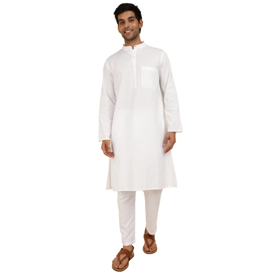 Fabindia Men White Long Sleeves Mandarin Collar Pure Cotton Kurta Set Fabindia Men White Long Sleeves Mandarin Collar Pure Cotton Kurta Set