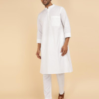 Fabindia Men White Long Sleeves Mandarin Collar Pure Cotton Kurta Set Fabindia Men White Long Sleeves Mandarin Collar Pure Cotton Kurta Set