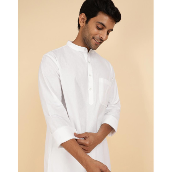 Fabindia Men White Long Sleeves Mandarin Collar Pure Cotton Kurta Set Fabindia Men White Long Sleeves Mandarin Collar Pure Cotton Kurta Set
